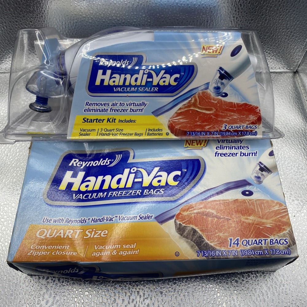 New Reynolds Handi-Vac Handheld Vacuum Sealer Starter Set/ Quart Size 14 Bags